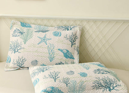 Hailea Ocean Quilt Set Full/Queen Size Coastal Beach Theme Bedding Lightweight Reversible Starfish Seashell Conch Bedspread Coverlet Seaweed Coral Bed Cover with 2 Pillow Shams
