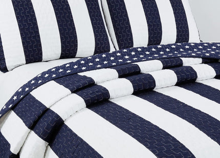 Cozy Line Home Fashions Sailor Popeye 's Bedding Quilt Set, Nautical Navy Blue White Star Striped 100% Cotton Reversible Coverlet Bedspread for Kids Boy (Sailor Star, Twin - 2 piece)