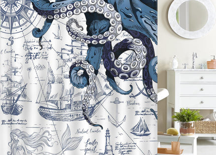 Mocsicka Nautical Octopus Shower Curtain Nautical Sailboat Octopus Bathroom Shower Curtain Nautical Coastal Waterproof Fabric Shower Curtain Bathtub Decor with 12 Hooks 72 X 72 Inch