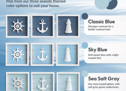 TideAndTales 3D Nautical Wall Decor (Famed Set of 3) Anchor, Lighthouse and Ship Wheel - Rustic Beach Bathroom Coastal Theme Home Decorations - Nautical Gifts, Classic Blue 7"x7"