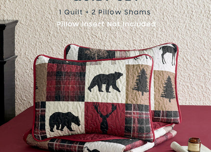 Wake In Cloud - Rustic Quilt Set, Cabin Lodge Christmas Bear Moose Deer Wildlife Western Patchwork Country, Reversible Lightweight Bedspread Coverlet, 3 Pieces, Burgundy Black, Queen/Full Size