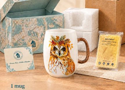 Moqidadii 24 oz Porcelain Coffee Mug, Hand-Painted Owl, Wood-Tone Handle