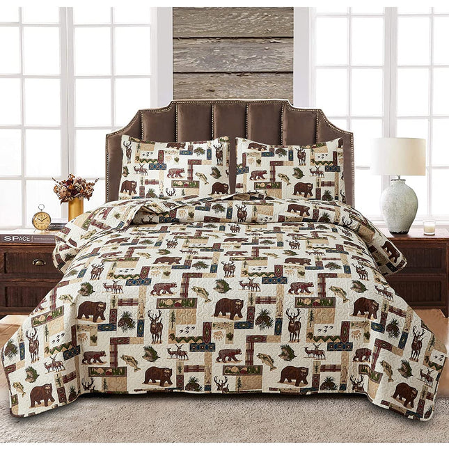 Oliven Rustic Moose Quilt Set King Size Lodge Quilt Lightweight Summer Cabin Bedspread Country Bedding Forest Bear Fish Pine Coverlet Daybed Cover Blanket Woodland Home Decor-Brown White