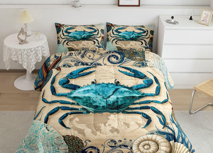 Sea Beach Theme Comforter Set Kids Beach Crabs Print Queen Bedding 3D Sea Animal Crab Luxury Microfiber Quilted Duvet Set with 2 Pillowcases,Soft Lightweight Marine Life Decorative Bedding Soft Fluffy