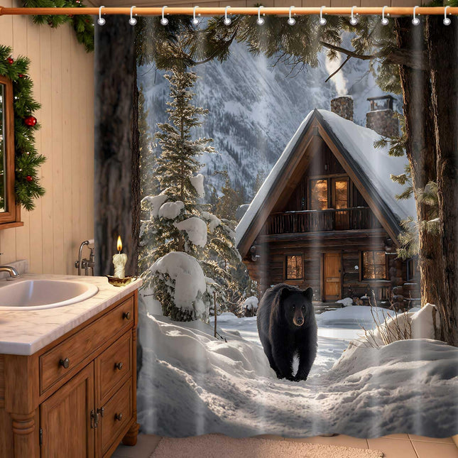 MDDGKH Winter Shower Curtain Snow Mountain Bear Cabin Pine Tree Bathroom Curtains Wild Animal Rustic Farmhouse Waterproof Polyester Fabric Bath Home Decor Set with Hooks 71x71 Inch
