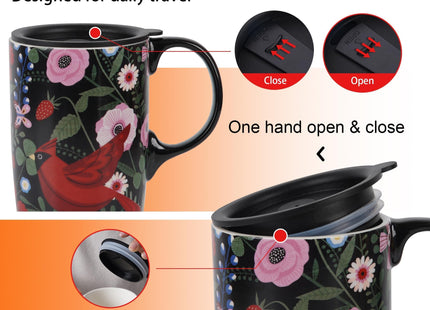 Topadorn 17oz Ceramic Travel Mug with Lid, Red Cardinal Bird Coffee Mug