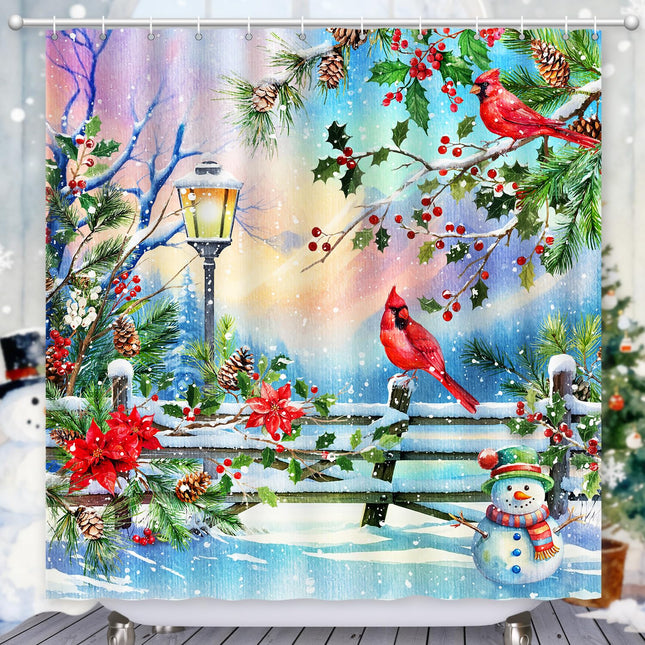 CutebriCase Winter Shower Curtain, Shower Curtains Cardinal Birds Berry Snowman Pine Tree Holiday showercurtain Waterproof Polyester Machine Washable Home Farmhouse Decor Bathroom Curtains