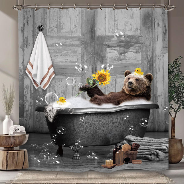 Yookeb Bear Funny Bathroom Shower Curtain 60W by 71H Inch Farmhouse Wood Wooden Vintage Rustic Farmhouse Cabin Animal Polyester Fabric 12 Plastic Hooks Waterproof Decor