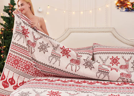 Jessy Home Christmas Quilt Set King Size Bedding Xmas Bedspread Coverlet Holiday Deer Snowflake Decor Soft Lightweight Bedding,Red White