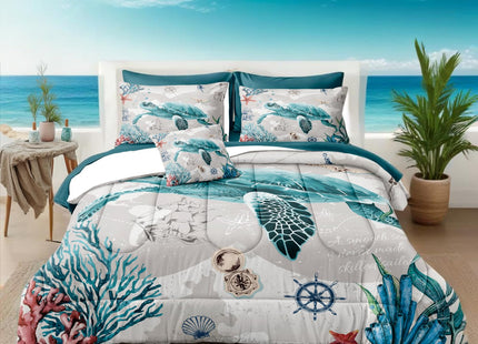Bedbay Coastal Bedding Comforter Set Ocean King Bed Set Sea Turtle Comforter 8 Pcs Soft Lightweight King Size Bed in Bag Set Ocean Themed Quilt Down Alternative Duvet Set