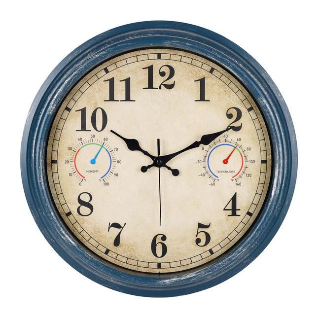 Alarllok Large Outdoor Clock with Thermometer & Hygrometer Combo, 16 Inch Vintage Blue Coastal Decor Waterproof Indoor Outdoor Wall Clocks for Patio, Pool, Garden, Backyard