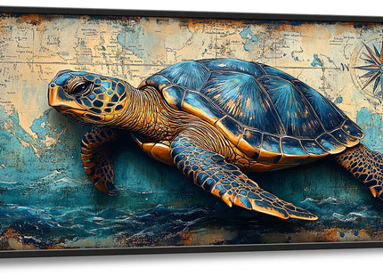 Large Nautical Turtle Wall Art for Living Room, Coastal Ocean Canvas Oversized Wall Decor, Beach Aesthetics Framed Pictures Painting Print Artwork for Bedroom Office 60L x 30W