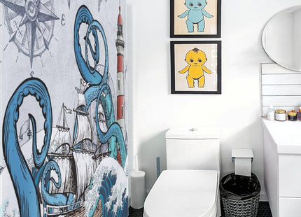 Lnepty Nautical Octopus Shower Curtain,Navy Blue Funny Ocean Kraken Shower Curtains for Bathroom Anchor Coastal Map Waterproof Fabric Bath Curtain Decor with Hooks,72x72Inch