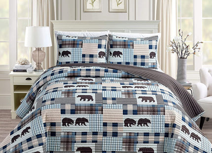 Rugs 4 Less Rustic Modern Farmhouse Cabin Lodge Stripe Quilted Bedspread Coverlet Bedding Set with Patchwork Grizzly Bears and Buffalo Plaid Check Patterns Beige Blue - Western 2 (Twin)