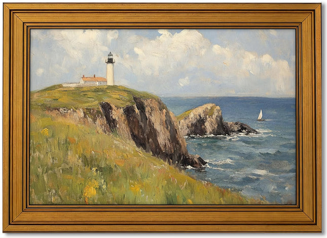 Vintage Gold Framed Canvas Wall Art, Island Lighthouse Poster Artwork, Nature Ocean Landscape Print Picture, Seascape Painting Wall Decor, for Living Room, Bedroom, Home Decoration, 9x11in