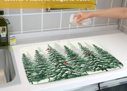Winter Green Pine Tree Dish Drying Mat for Kitchen Counter,Red Bird Snowflake Drying Mat 18 x 24 Inch with High Absorbent Microfiber Drainer Mat for Coffee Bar