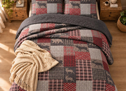 Rugs 4 Less Rustic Log Cabin Lodge Quilted Grey Charcoal Deep Red Reversible Plaid Bear Patchwork Bedspread Coverlet Bedding Set - Plaid Bear (King/Cal-King)