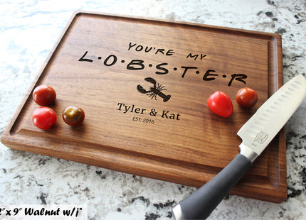 Personalized Cutting Board, Custom Wedding, Anniversary or Housewarming Gift Idea, Wood Engraved Charcuterie, for Couples, Family and Clients (FRIENDS Themed Lobster 087)