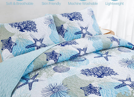 Dinjoy Nautical Ocean Quilt Set Queen Size, Blue Beach Coastal Themed Bedding Set Lighthouse Anchor Sailboat Pattern Microfiber Lightweight Summer Bedspread Coverlet Bed Set All Season