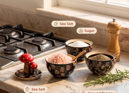 Black Ceramic Mushroom Salt Cellar Jar with Lid and Spoon Salt Box Holder