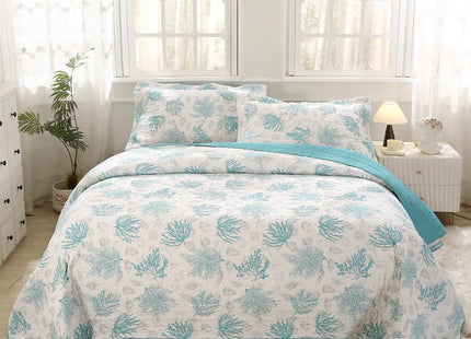 SUCSES 100% Cotton Coastal Quilts 3 Pieces Queen Lightweight Comfortable Quilt Turquoise Ocean Coral Bedspread Coverlet with 2 Shams for Beach Themed Dedroom All Season