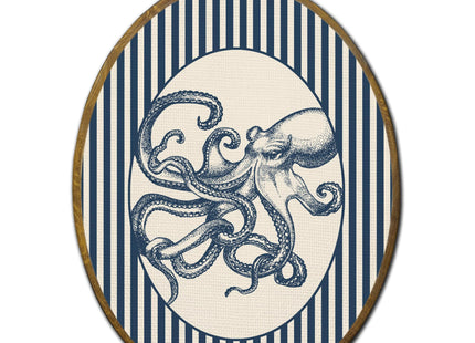 QZQE Coastal Beach Octopus Oval Wall Art Decor Framed, Ocean Beach Nursery Oval Canvas Prints, Navy Blue Striped Octopus Ocean Wall Hanging Decor for Home Bedroom Kids Nursery Room, 8.6x11.4 Inch