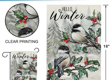 Hzppyz Hello Winter Chickadee Birds Garden Flag Double Sided, Red Berries Pine Tree Branch Farmhouse Decorative Yard Outdoor Home Small Decor, Snowy Forest Christmas Outside House Decoration 12 x 18
