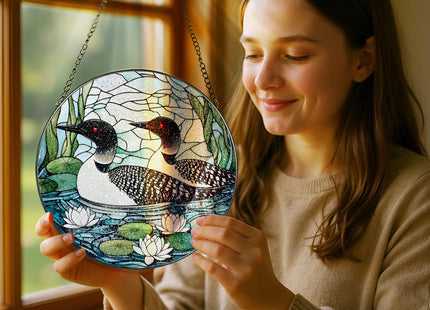 8-Inch Loon Birds Stained Glass Suncatcher Ornament, Stained Glass Window Hanging, Window Hanging Decor – Christmas, Birthday | Gifts for Bird Lover, Friend, Couples, Family | Holiday Decorations