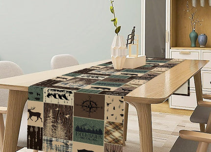Country Rustic Farmhouse Deer Table Runner Tabletop Cover Vintage Cabin Bear Mountain Hunting Wild Animal Plaid Checkered Printed for Kitchen Dining Room 13x72 Inch