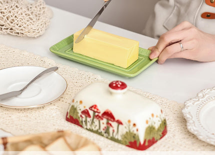 Fungi Fun Ceramic Butter Dish with Lids - Mushroom Butter Containers, White