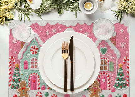 Christmas Gingerbread Placemats Set of 4 18x12 Inch Gingerbread House Xmas Tree Pink Linen Place Mats Heat-Resistant Wipeable Winter Holiday Table Mat for Party Kitchen Dining Room Dinner Table Decor