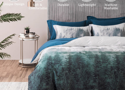 MILDLY 100% Long Staple Cotton Forest Duvet Cover Set Green Gradient Trees Mountains Pattern Comforter Cover Set
