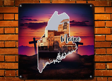 Woguangis Metal Sign Maine States Map Scenery America USA State Landscapes Plaque Maine Porch Decor Aluminum Metal Signs Retro Wall Tin Plaque for Home Living Room Bedroom Front Porch 10x10in