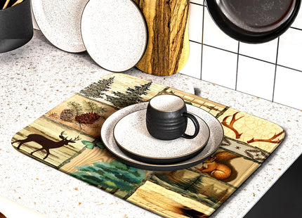 Rustic Cabin Dish Drying Mat - Forest Bear Moose Wildlife Drainer Mat 16x18 Wild Animal Dishes Pad Pine Tree Dish Drainer Rack Retro Butterflies Fish Mats for Counter