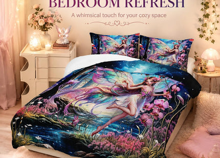 AILONEN Beautiful Butterfly Fairy Comforter Set,Magic Mushroom Duvet Set Queen Size, Mysterious Fairy Forest Theme Bedding Set Perfect for Kids Girls Bedroom,1 Quilt + 2 Pillow Case
