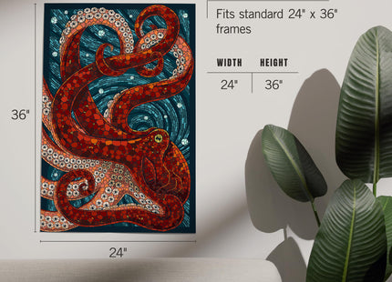 Lantern Press 24x36 Inch Giclee Art Print Wall Decor, Octopus, Paper Mosaic
