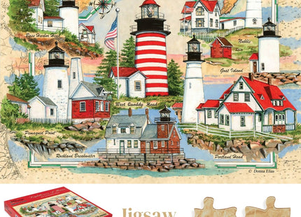 Heritage Puzzle Lighthouses of Maine Jigsaw Puzzles for Adults 550 Pieces, 24"" x 18"" - Coastal Landmark Collage with Nautical Chartmap - Scenic Lighthouse Art by Donna Elias Made in U.S.A.