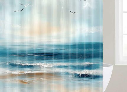 BSRAMZ Abstract Beach Shower Curtains for Bathroom, Coastal Teal Oil Painting Ocean Shower Curtain, Sea Wave Seagull Nautical Coastal Summer Bathroom Bathtubs Decor Curtains with Hooks,72X72