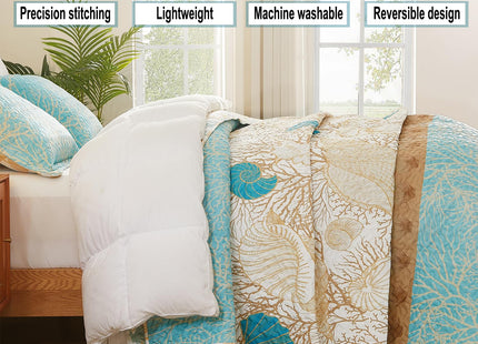 3 Pieces Coastal Quilt Sets King Size-Ocean Theme Coral Shell Starfish Conch Pattern Printed Quilt,Reversible Beach Bedding Set,Summer Soft Lightweight Nautical Bedspread Coverlet(King 106"x96")