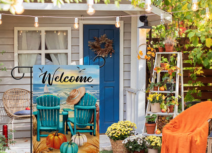 Hzppyz Welcome Fall Sea Pumpkin Garden Flag Double Sided, Autumn Beach Ocean Chairs Coastal Decorative Yard Outdoor Home Small Decor, Seagull Sailboat Nautical Outside House Decoration 12 x 18