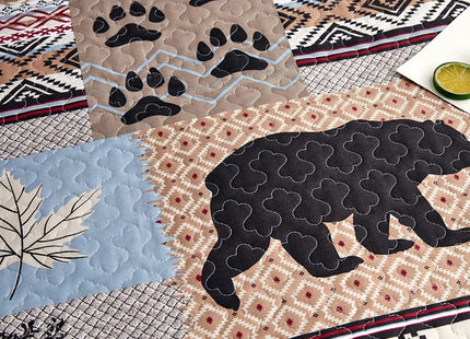 CHESITY Lodge Bedding Twin Size, 3 Piece Quilts Set Rustic Cabin Bedspread Cover Reversible Coverlet Brown Bear Wildlife Patchwork Plaid Bed Cover Country Decor(68"x 86")