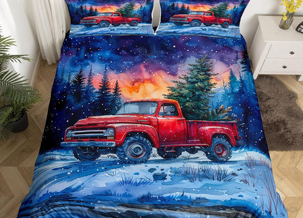 Red Truck Kids Duvet Cover Set Queen Size,Christmas Tree Snowflake Bedding Set Teens Boys Girls Room Decor,Woodland Comforter Cover 3Pcs,Merry Christmas Bedspreads Cover,2 Pillowcases(NO Comforter)