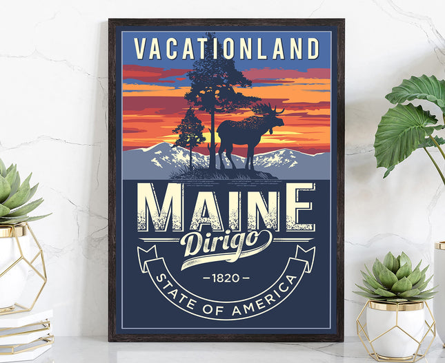 Maine State Poster Print, Maine State Emblem Poster, Retro Travel State Poster, Home & Office Wall Art - 16x20