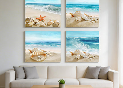 Sandy Beach Starfish Canvas Bathroom Wall Art Framed 4Pcs 12"x12"