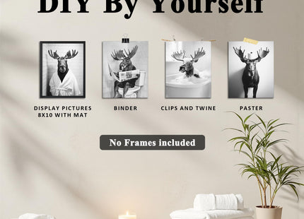 OFJE Funny Moose Wall Art Decor Prints, Black and White Moose Posters Pictures Wall Decor for Bathroom Washroom,Rustic Retro Wall Decorations Humor Animals Artwork Prints,8x10inchx4pcs,Unframed,PJ1096