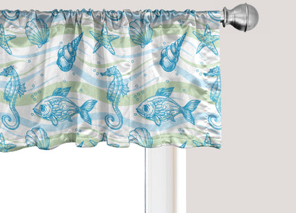 Ambesonne Nautical Window Valance, Marine Ocean Shell Starfish Oyster Mollusk Sea Horse Underwater Aquatic Pattern, Curtain Valance for Kitchen Bedroom Decor with Rod Pocket, 54" X 18", Mint Blue