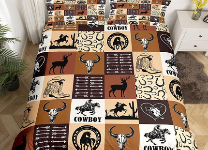 Western Cowboy Duvet Cover Queen Size,Deer Cow Arrow Comforter Cover with 2 Pillowcase for Teens,Kids Country Style Bedding Set,Brown Geometric Grid Breathable 3 Pcs Decorative Bed Cover(No Comforter)