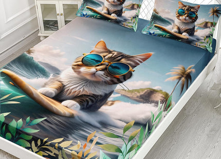 AILONEN Cat Fitted Sheet Set - Twin Size, Beach Ocean Bedding, Pillowcases