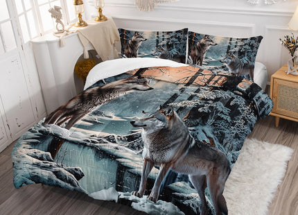AILONEN Snow Wolf Comforter Set Queen Size, Brown Wolf Bedding Set,Snowfield Forest Animals Printed Comforter Sets,Teen Boys Breathable Duvet Set 3 Pieces, 1 Quilt and 2 Pillowcases