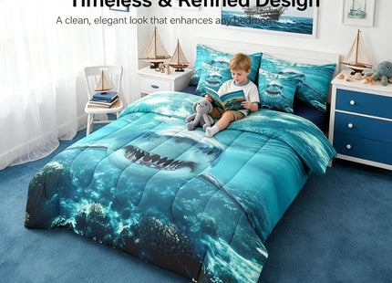 Erosebridal Shark Comforter Set Twin 3D Shark 7 Piece Bedding Set for Kids,Marine Ocean Animal Bedding Sets Shark Fish Reversible Room Decor Underwater Ocean World Quilt with Flat Fitted Sheet